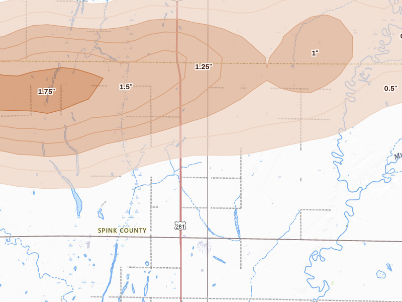 Radar-estimated hail-size map of the storm over Mellette, SD on Aug 29, 2026
