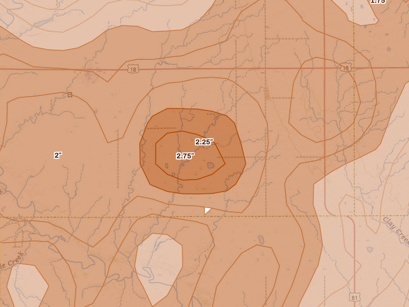 Radar-estimated hail-size map of the storm over Menno, SD on May 17, 2026