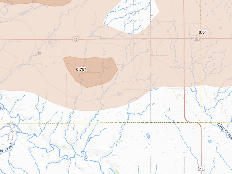 Radar-estimated hail-size map of the storm over Menno, SD on May 24, 2026