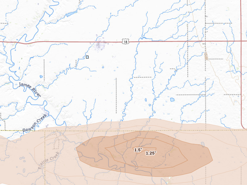 Radar-estimated hail-size map of the storm over Menno, SD on Aug 10, 2026
