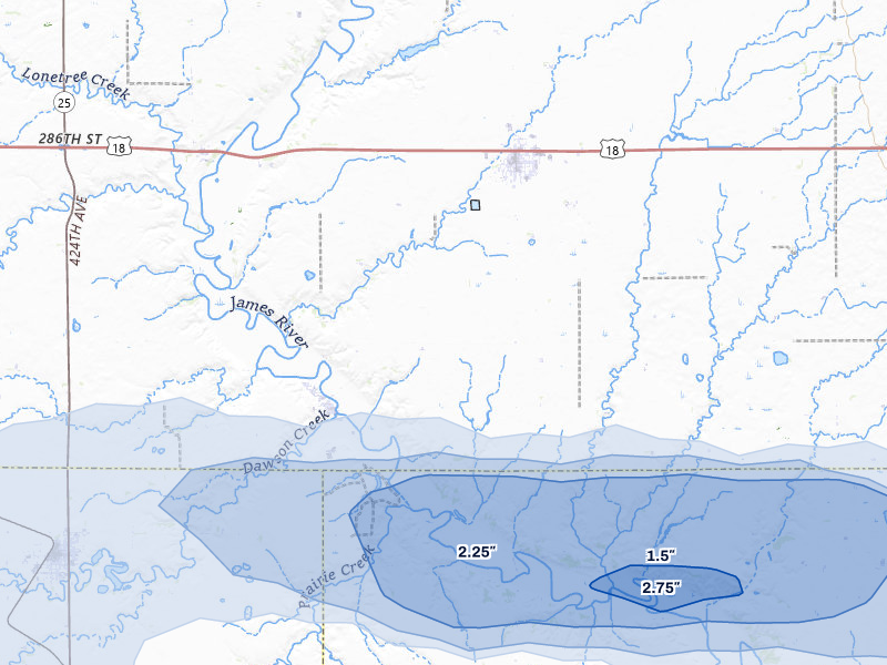 NEXRAD radar-signature map of the hail storm over Menno, SD on Aug 10, 2026