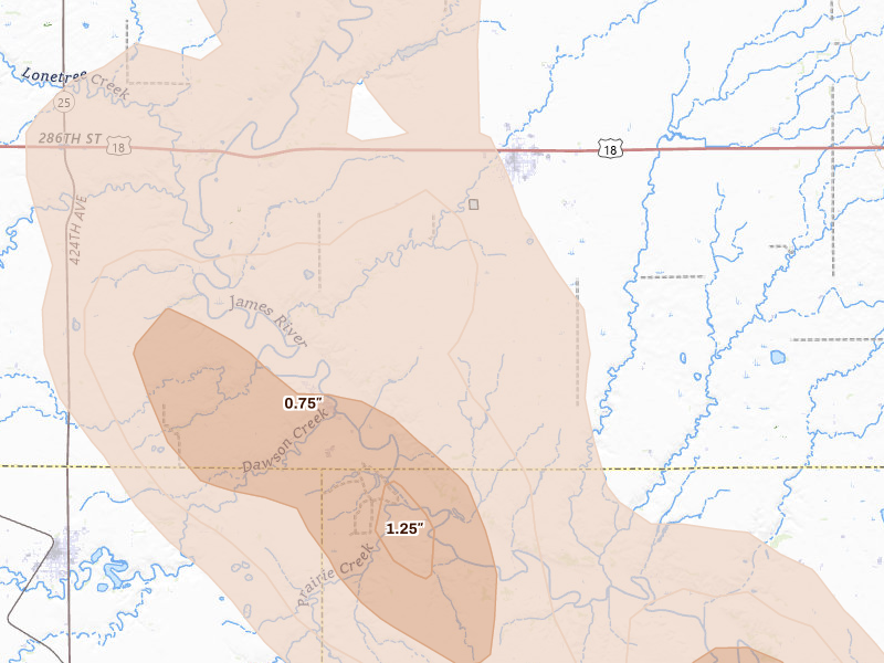 Radar-estimated hail-size map of the storm over Menno, SD on Aug 20, 2026