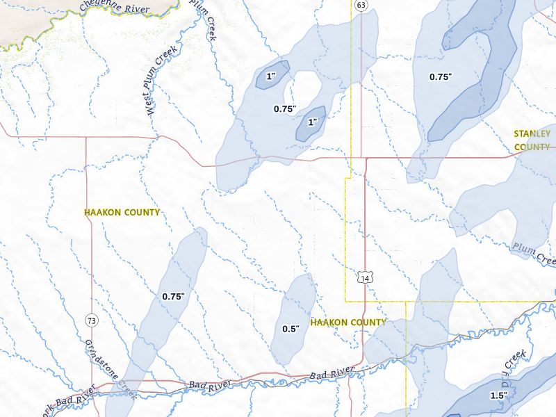 NEXRAD radar-signature map of the hail storm over Midland, SD on Apr 22, 2026