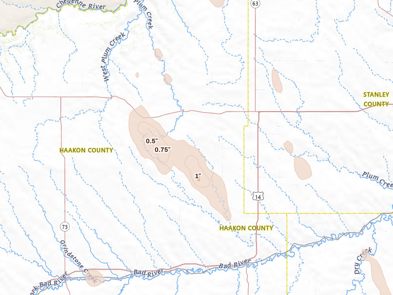 Radar-estimated hail-size map of the storm over Midland, SD on May 30, 2026