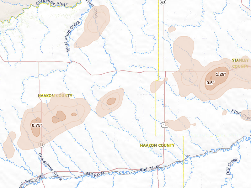 Radar-estimated hail-size map of the storm over Midland, SD on Jun 9, 2026