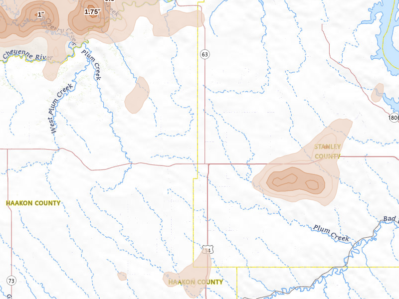 Radar-estimated hail-size map of the storm over Midland, SD on Jun 26, 2026
