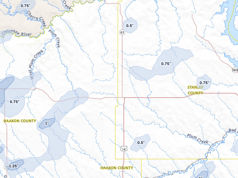 NEXRAD radar-signature map of the hail storm over Midland, SD on Jun 27, 2026