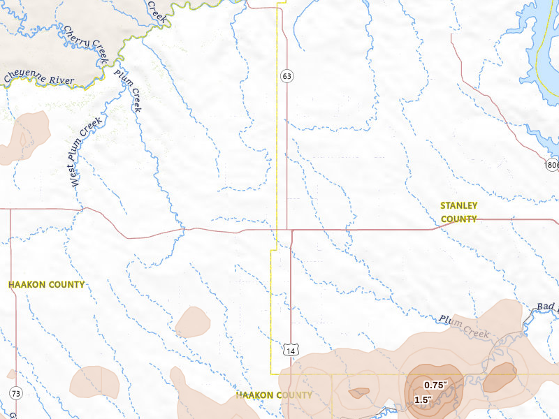 Radar-estimated hail-size map of the storm over Midland, SD on Jul 2, 2026