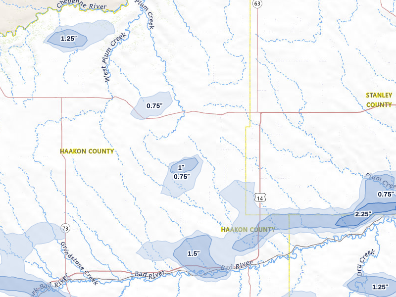 NEXRAD radar-signature map of the hail storm over Midland, SD on Jul 2, 2026