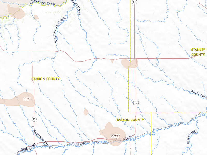 Radar-estimated hail-size map of the storm over Midland, SD on Jul 29, 2026