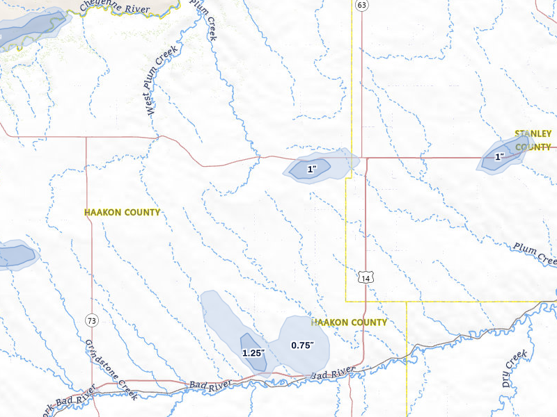 NEXRAD radar-signature map of the hail storm over Midland, SD on Jul 29, 2026