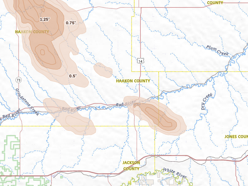 Radar-estimated hail-size map of the storm over Midland, SD on Aug 10, 2026