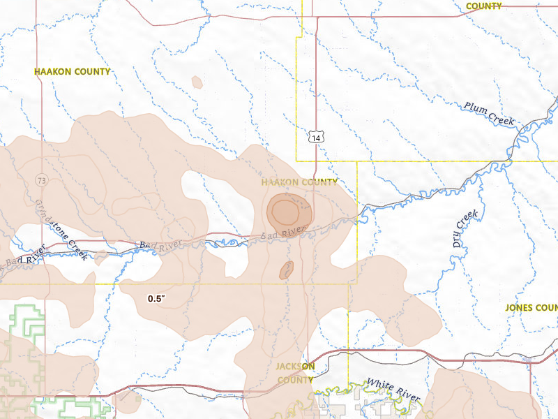 Radar-estimated hail-size map of the storm over Midland, SD on Aug 11, 2026