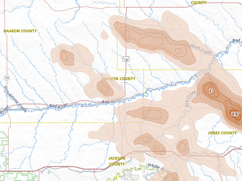 Radar-estimated hail-size map of the storm over Midland, SD on Aug 24, 2026