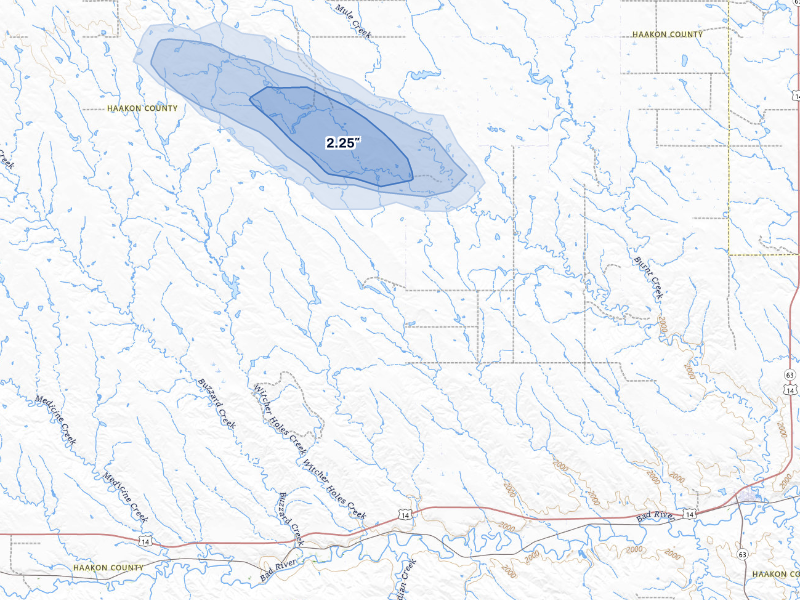 NEXRAD radar-signature map of the hail storm over Midland, SD on Aug 24, 2026