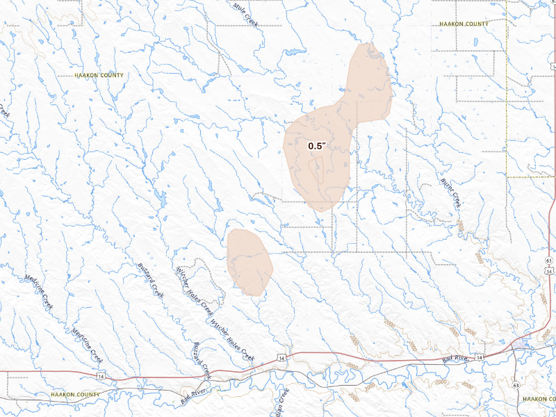 Radar-estimated hail-size map of the storm over Midland, SD on Sep 13, 2026