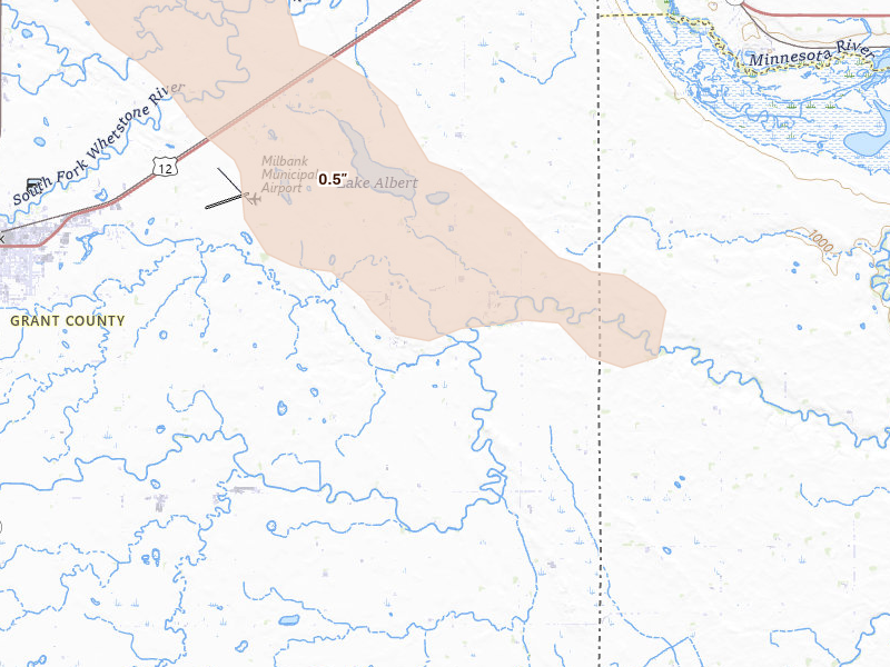 Radar-estimated hail-size map of the storm over Milbank, SD on Jun 15, 2026