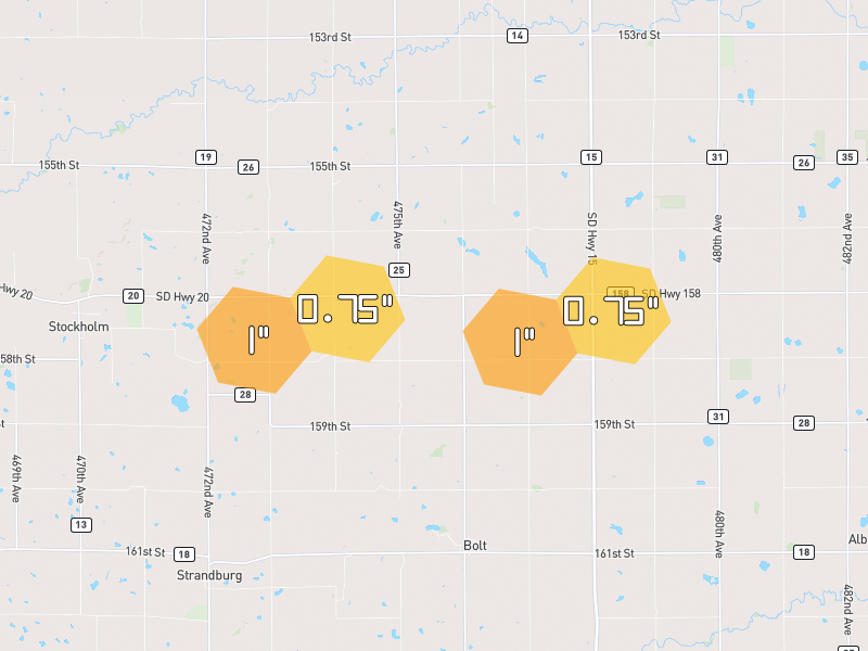 Hail map of Milbank, SD on Jul 8, 2026, hail up to 1"