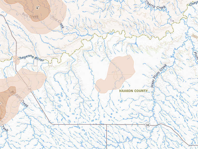 Radar-estimated hail-size map of the storm over Milesville, SD on Jul 2, 2026