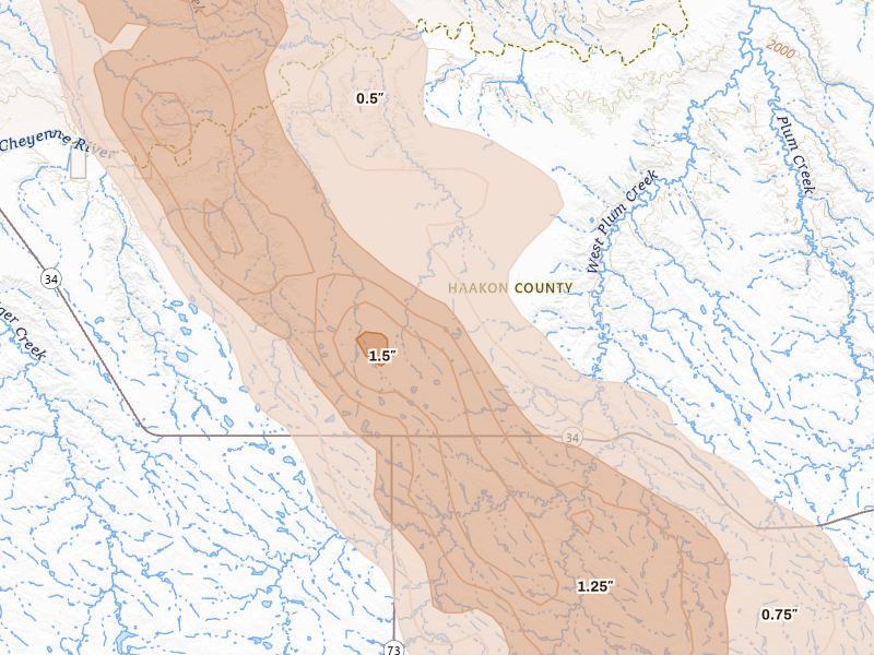Radar-estimated hail-size map of the storm over Milesville, SD on Aug 10, 2026