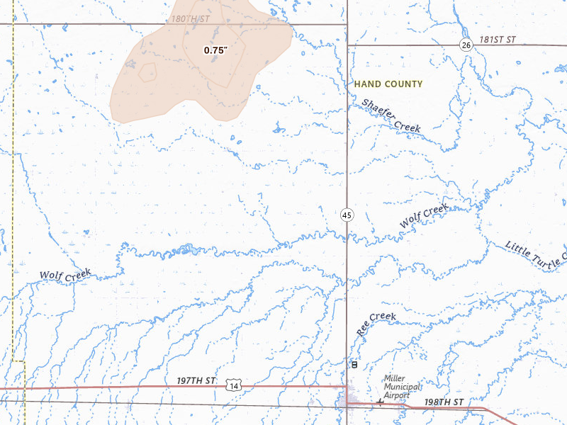 Radar-estimated hail-size map of the storm over Miller, SD on May 31, 2026
