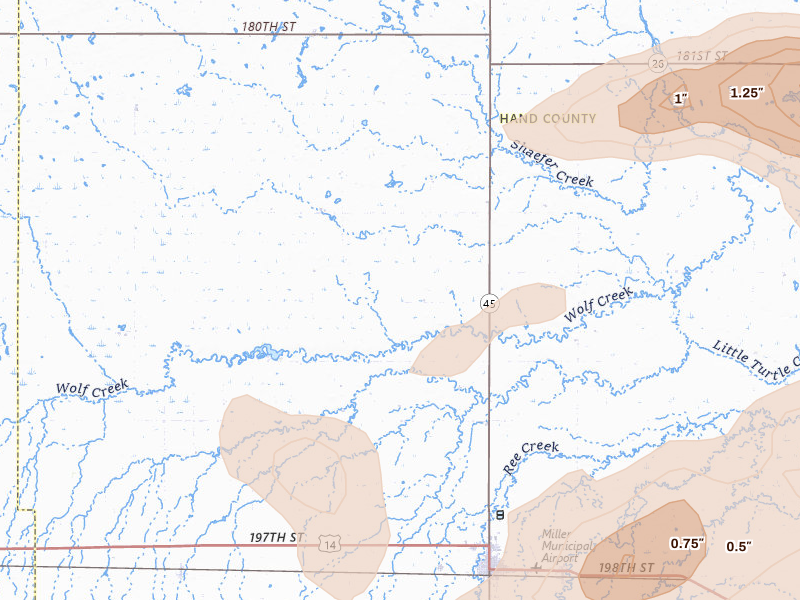 Radar-estimated hail-size map of the storm over Miller, SD on Jun 4, 2026