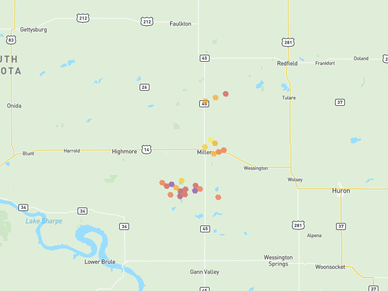 Hail map of Miller, SD on Jun 4, 2026, hail up to 3"