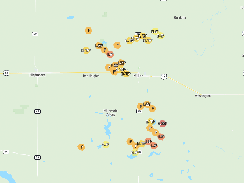 Hail map of Miller, SD on Jun 5, 2026, hail up to 2.25"