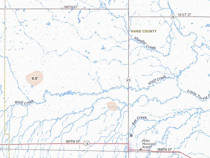 Radar-estimated hail-size map of the storm over Miller, SD on Jun 27, 2026