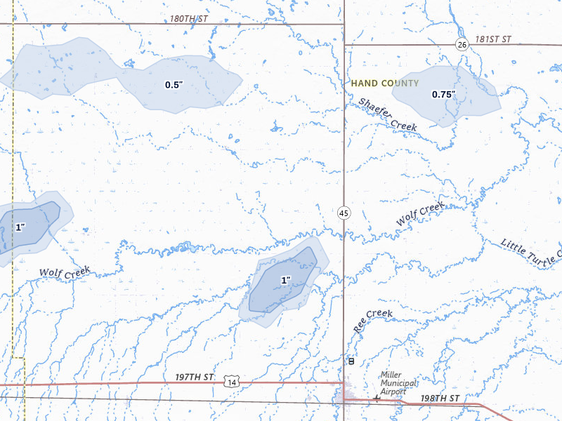 NEXRAD radar-signature map of the hail storm over Miller, SD on Jun 27, 2026