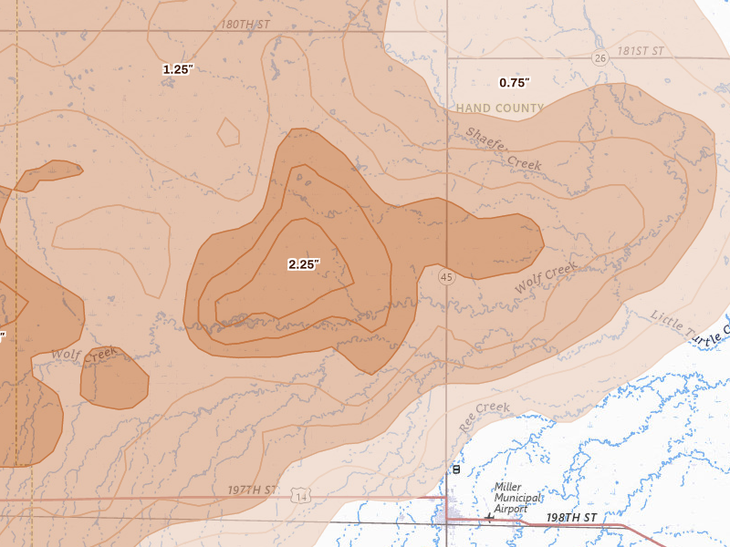 Radar-estimated hail-size map of the storm over Miller, SD on Jun 28, 2026