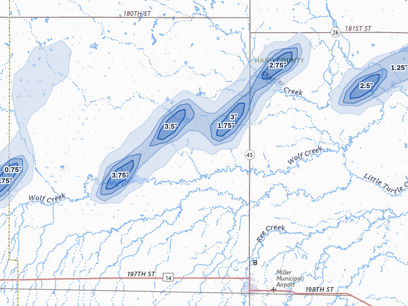 NEXRAD radar-signature map of the hail storm over Miller, SD on Jun 28, 2026