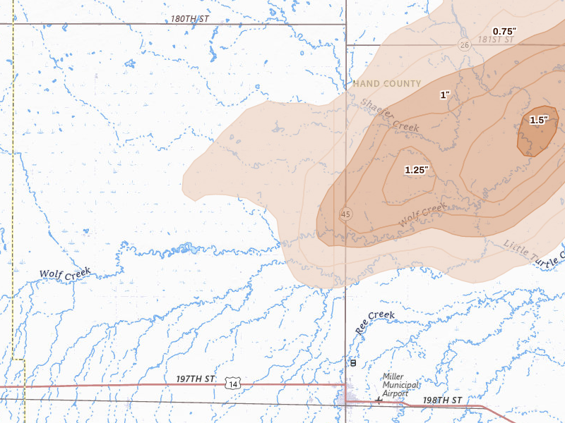 Radar-estimated hail-size map of the storm over Miller, SD on Jun 29, 2026