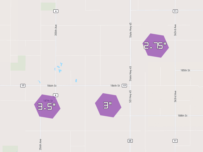 Hail map of Miller, SD on Jun 29, 2026, hail up to 3.5"