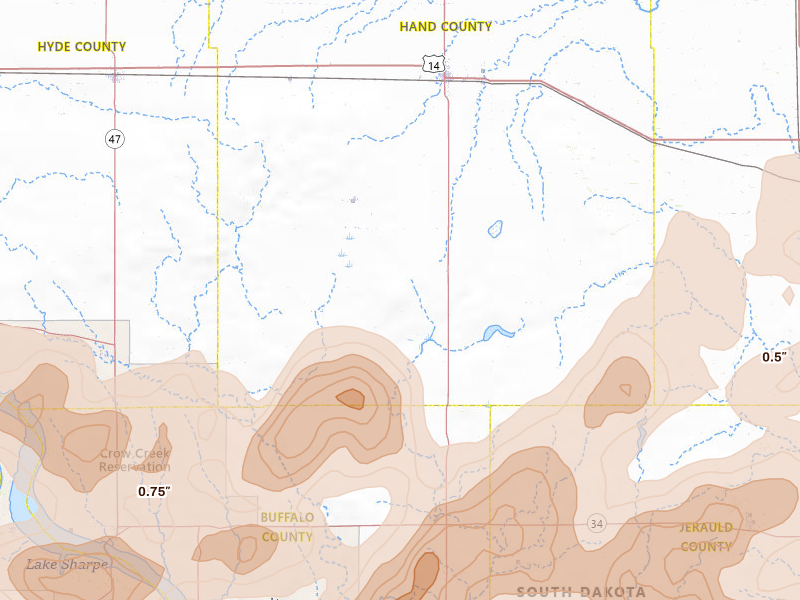 Radar-estimated hail-size map of the storm over Miller, SD on Jul 2, 2026