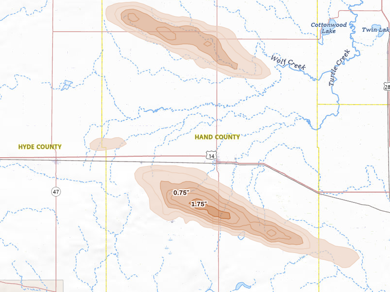 Radar-estimated hail-size map of the storm over Miller, SD on Aug 29, 2026