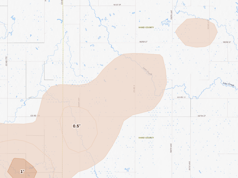 Radar-estimated hail-size map of the storm over Miller, SD