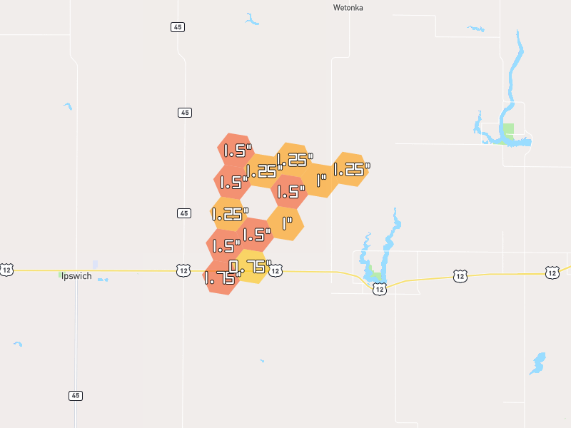 Hail map of Mina, SD on Jun 1, 2026, hail up to 1.75"