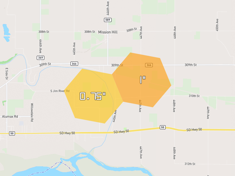 Hail map of Mission Hill, SD on Jun 1, 2026, hail up to 1"