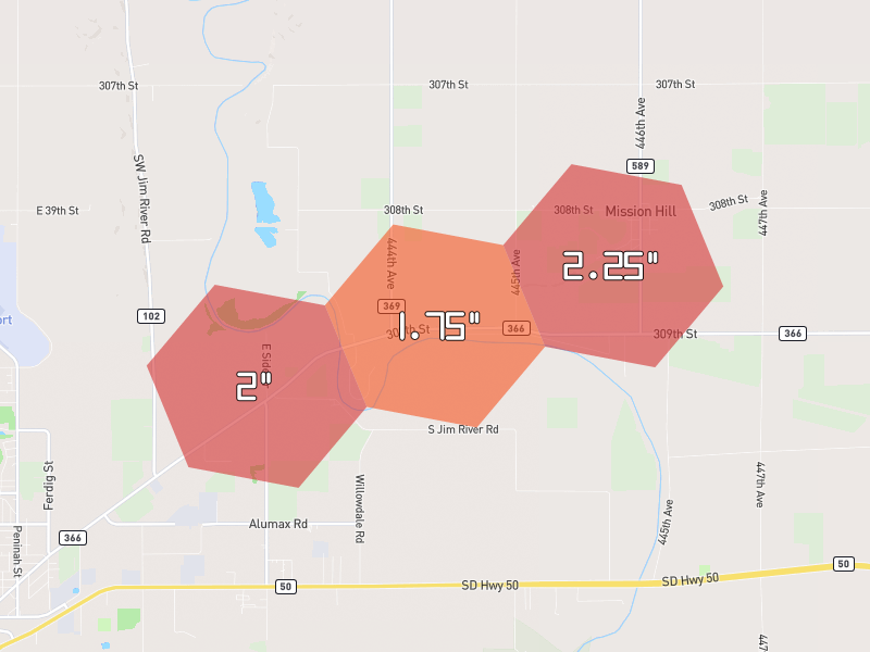 Hail map of Mission Hill, SD on Jun 30, 2026, hail up to 2.25"