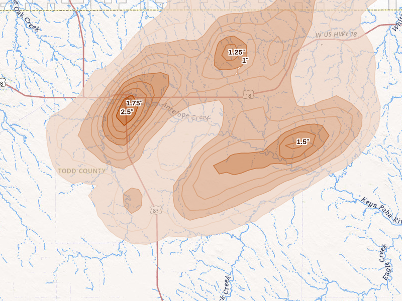Radar-estimated hail-size map of the storm over Mission, SD on Jun 2, 2026