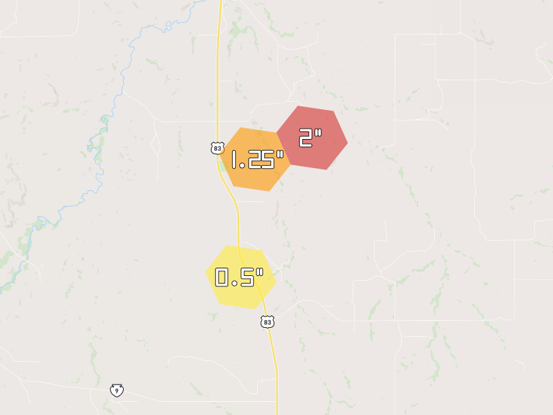 Hail map of Mission, SD on Jun 2, 2026, hail up to 2"
