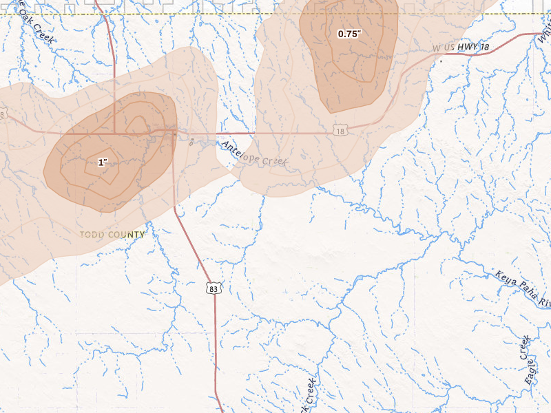 Radar-estimated hail-size map of the storm over Mission, SD on Jun 4, 2026