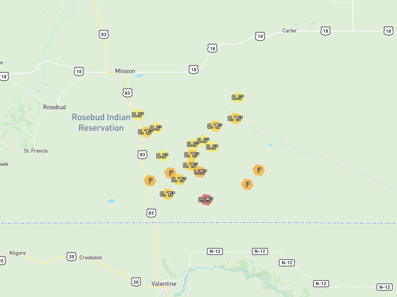 Hail map of Mission, SD on Jun 28, 2026, hail up to 2.25"