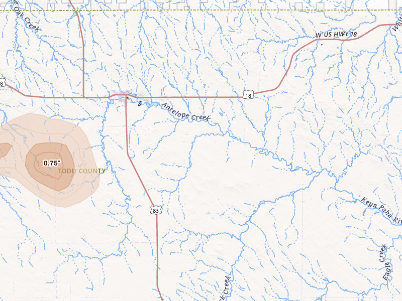 Radar-estimated hail-size map of the storm over Mission, SD on Jul 6, 2026