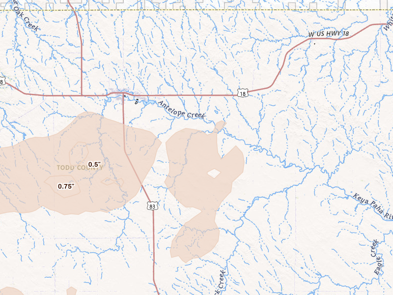 Radar-estimated hail-size map of the storm over Mission, SD on Jul 29, 2026