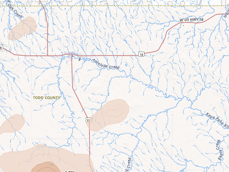 Radar-estimated hail-size map of the storm over Mission, SD on Jul 30, 2026