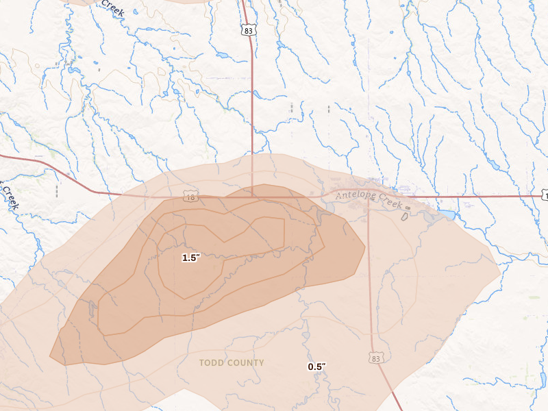 Radar-estimated hail-size map of the storm over Mission, SD on Aug 8, 2026