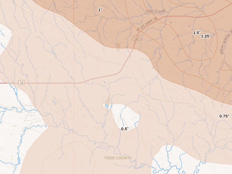 Radar-estimated hail-size map of the storm over Mission, SD on Aug 11, 2026