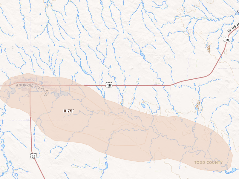 Radar-estimated hail-size map of the storm over Mission, SD on Aug 27, 2026